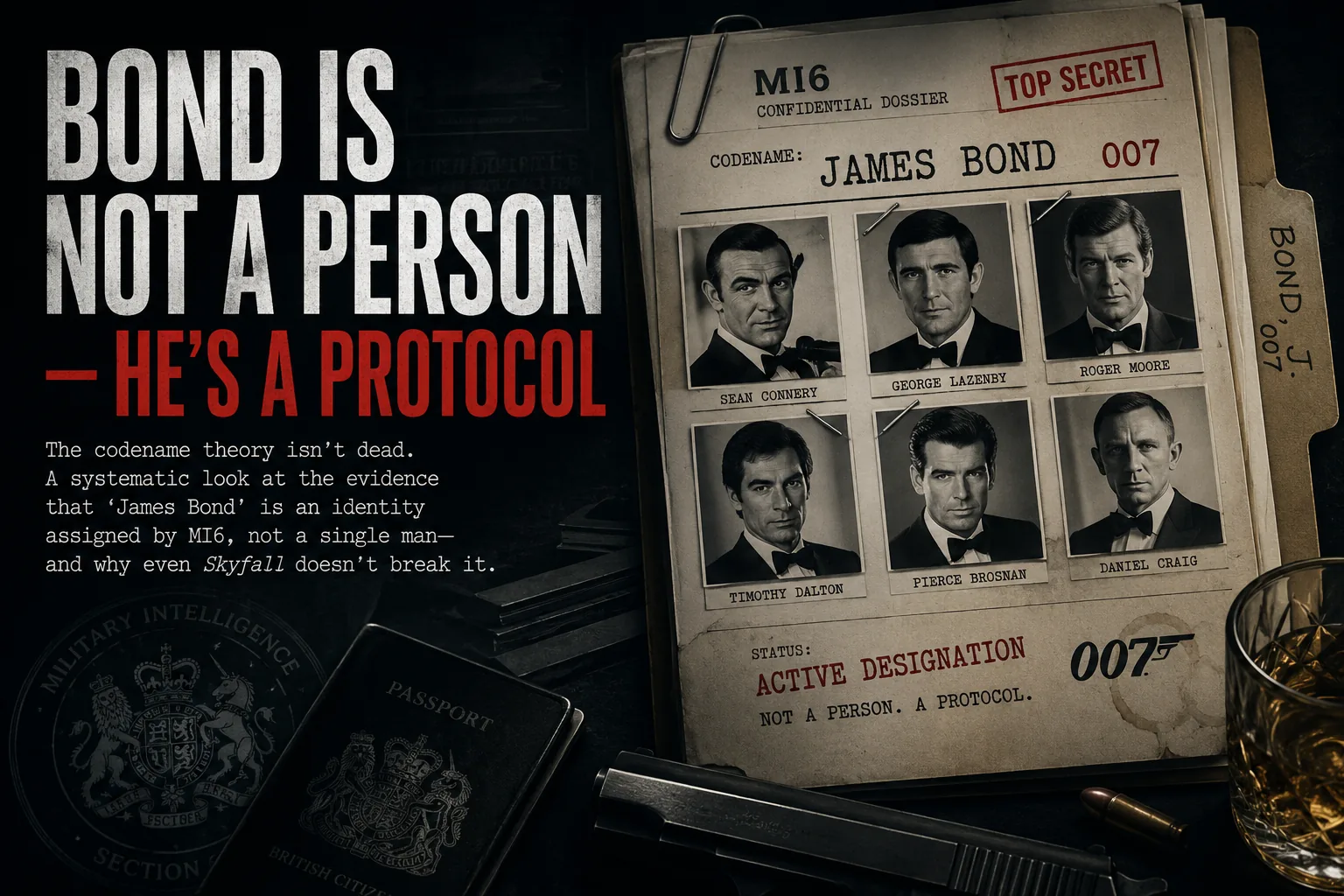 MI6 dossier graphic presenting James Bond as a rotating 007 protocol rather than a single person