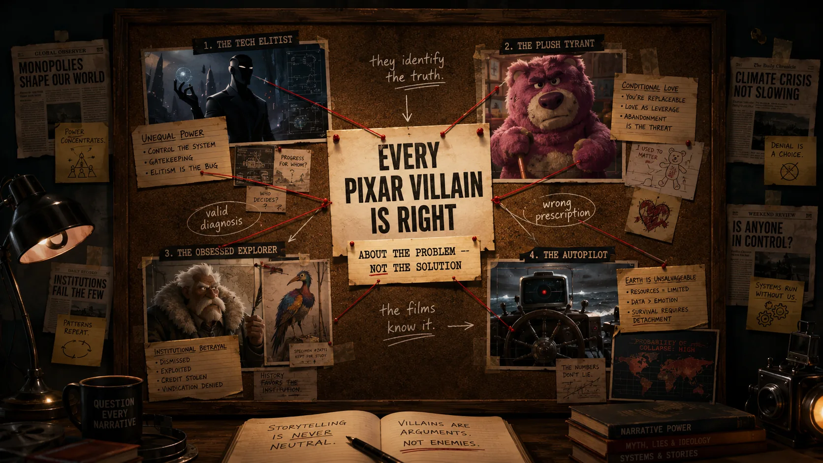 Filmspiracies conspiracy-board style hero image arguing that Pixar villains correctly identify the problem but choose the wrong solution