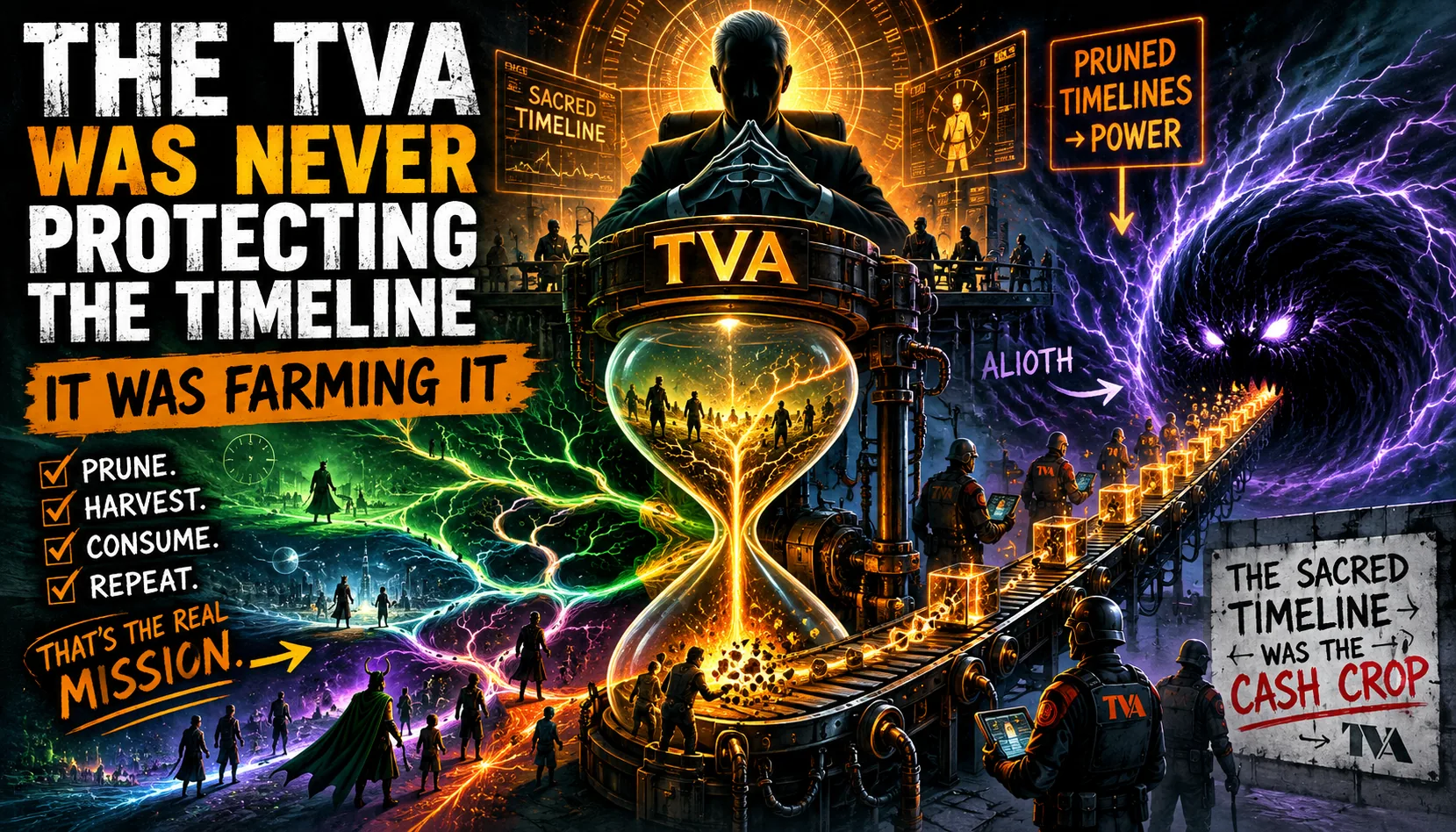 A conspiracy board with pins, strings, and notes suggesting the TVA was not protecting the timeline but farming it as a system of control